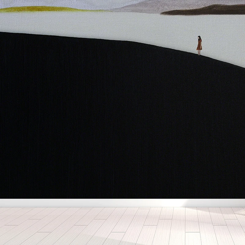Zeitgenössische Kunst-Wandbild-Tapete für Erwachsene, Gemälde „Hügel und See“, schwarze Wandverkleidung Clearhalo