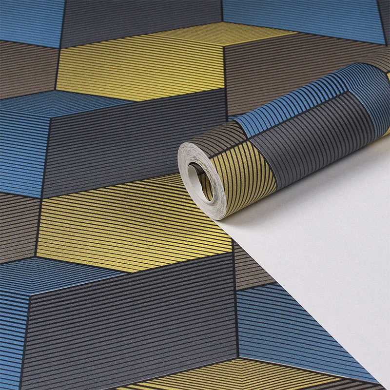 Zeitgenössische Tapete Gelb und Blau, Würfelwandverkleidung mit 3D-Effekt, 57,1 Quadratfuß. Clearhalo