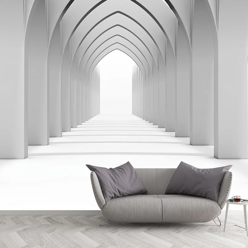 Zeitgenössische Tunnel-Wandtapete mit 3D-Effekt, Wandverkleidung individueller Größe Grau und Weiß Clearhalo