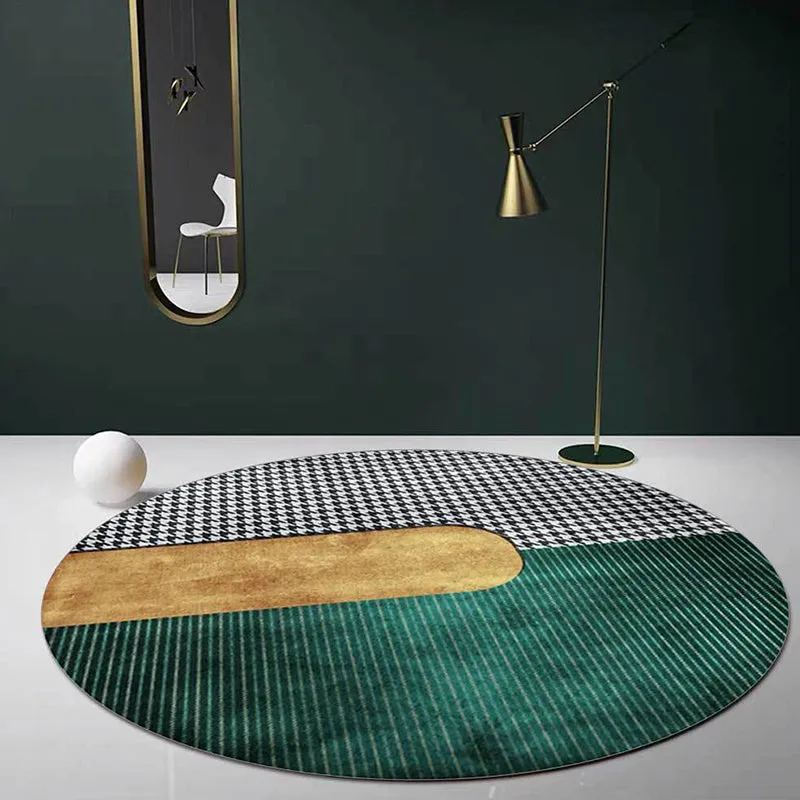 Zeitgenössischer Teppich mit Hahnentrittmuster, grüner und goldener Polyester-Teppich, maschinenwaschbarer, rutschfester T...