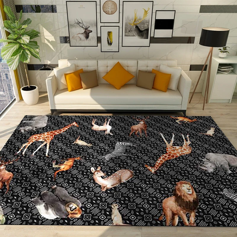 Zeitgenössischer Teppich mit Tiermuster, schwarz-weißer Polyester-Teppich, maschinenwaschbarer, rutschfester Teppich für S...