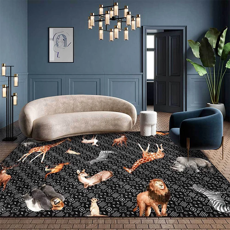 Zeitgenössischer Teppich mit Tiermuster, schwarz-weißer Polyester-Teppich, maschinenwaschbarer, rutschfester Teppich für S...
