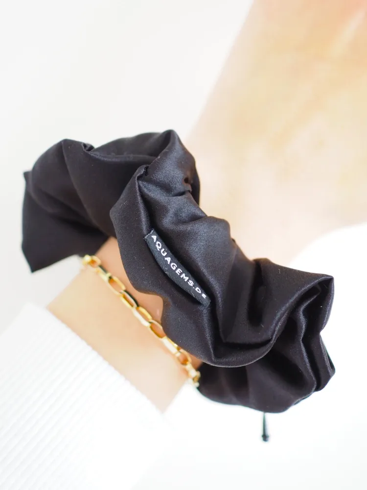 CRYSTAL SCRUNCHIE 100% Maulbeerseiden Haargummi mit Kristall Tasche & Schwarzem Turmalin - SCHWARZ
