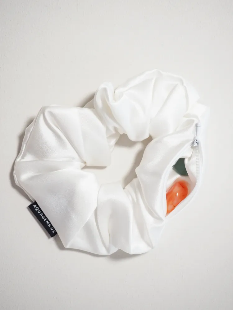 CRYSTAL SCRUNCHIE 100% Maulbeerseiden Haargummi mit Kristall Tasche & Schwarzem Turmalin - SCHWARZ