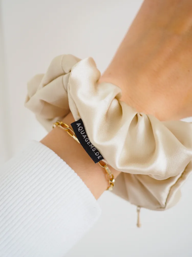 CRYSTAL SCRUNCHIE 100% Maulbeerseiden Haargummi mit Kristall Tasche - CHAMPAGNER
