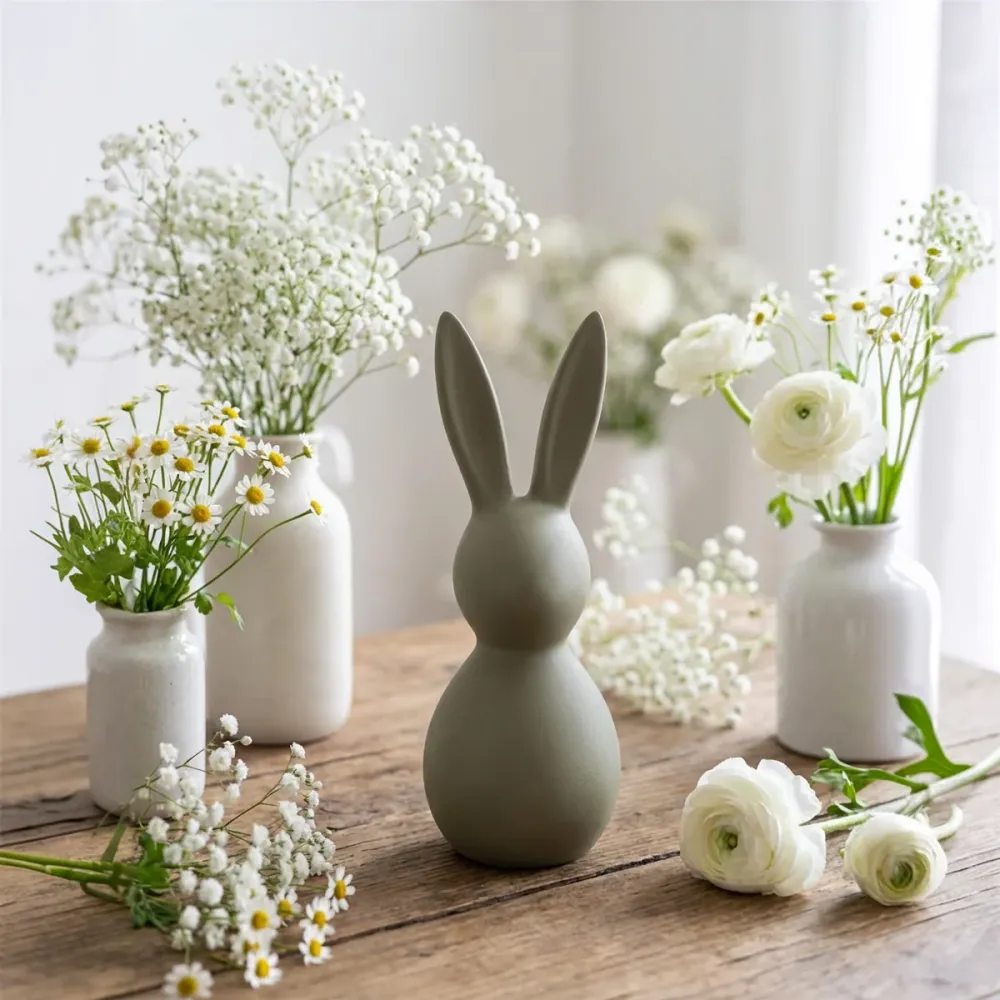 Deko Osterhase aus Keramik ca. 43 cm Oliv-Grau – Moderne Osterdekoration, matt, Wischtechnik