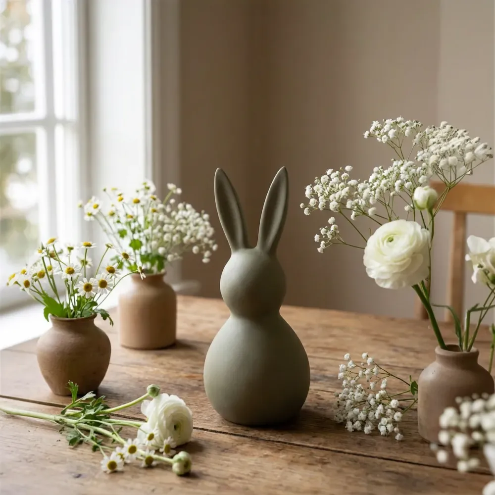 Deko Osterhase aus Keramik ca. 43 cm Oliv-Grau – Moderne Osterdekoration, matt, Wischtechnik