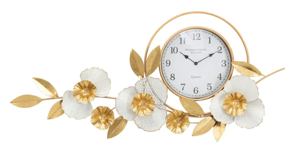 Elegante Wanduhr mit Blumenmuster Gold und Weiß