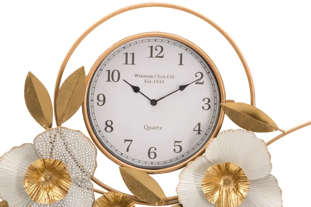 Elegante Wanduhr mit Blumenmuster Gold und Weiß