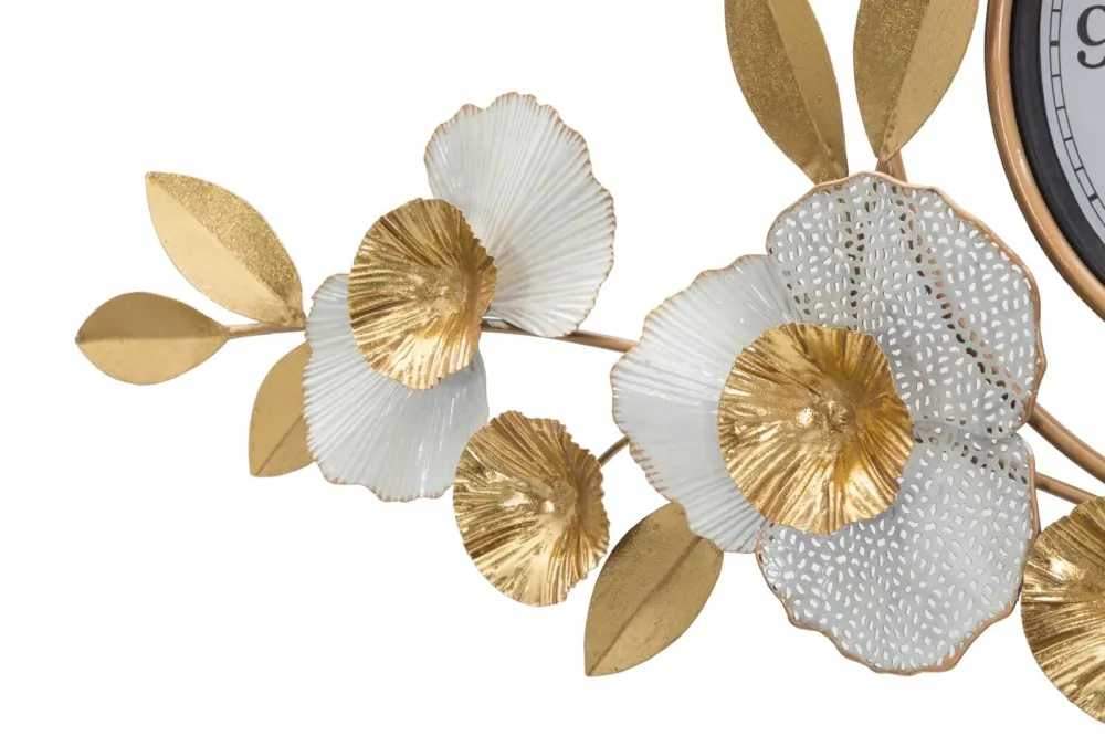 Elegante Wanduhr mit Blumenmuster Gold und Weiß