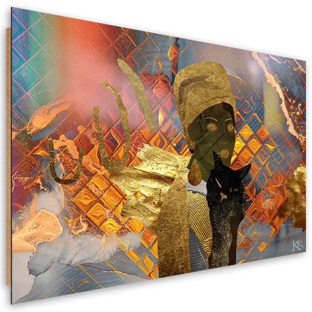Art-déco-Paneldruck, afrikanische Frau und schwarze Katze 60x40 Feeby