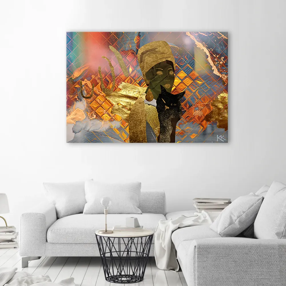 Art-déco-Paneldruck, afrikanische Frau und schwarze Katze 60x40 Feeby