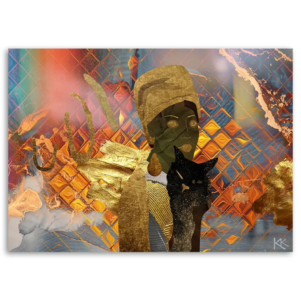 Art-déco-Paneldruck, afrikanische Frau und schwarze Katze 60x40 Feeby