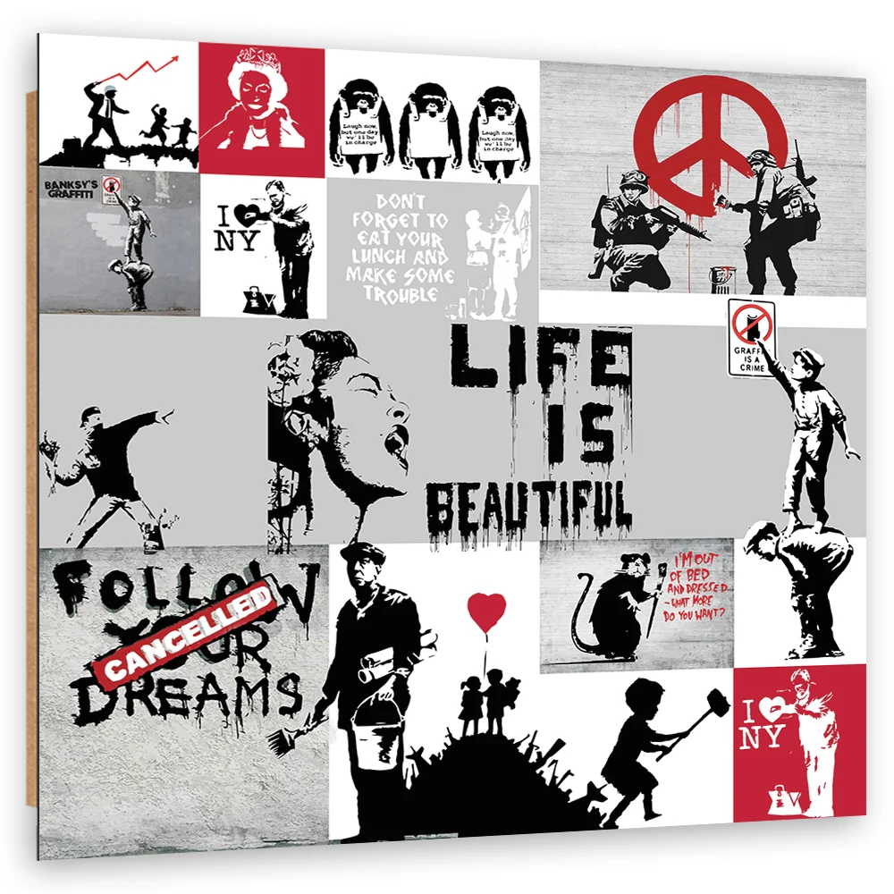Art-déco-Paneldruck, Banksy-Graffiti-Komposition 30x30 Feeby