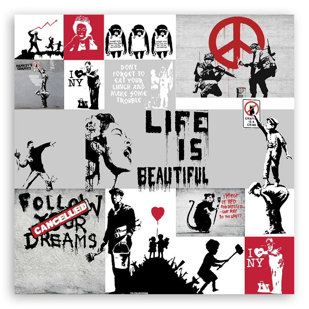 Art-déco-Paneldruck, Banksy-Graffiti-Komposition 30x30 Feeby
