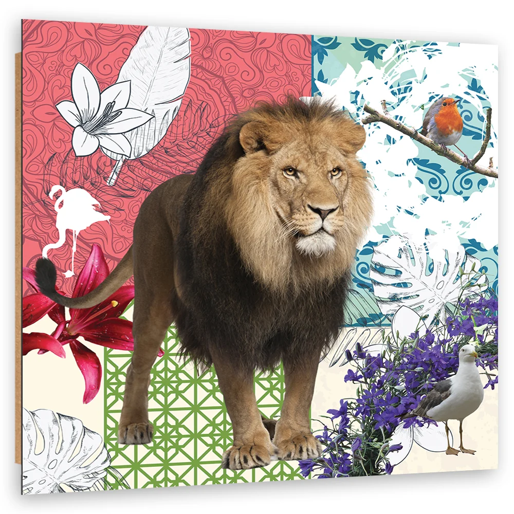 Art-déco-Paneldruck, Collage mit Löwe und Vögeln 30x30 Feeby