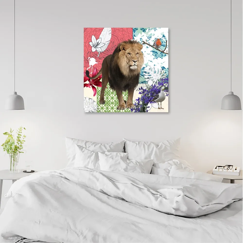 Art-déco-Paneldruck, Collage mit Löwe und Vögeln 30x30 Feeby