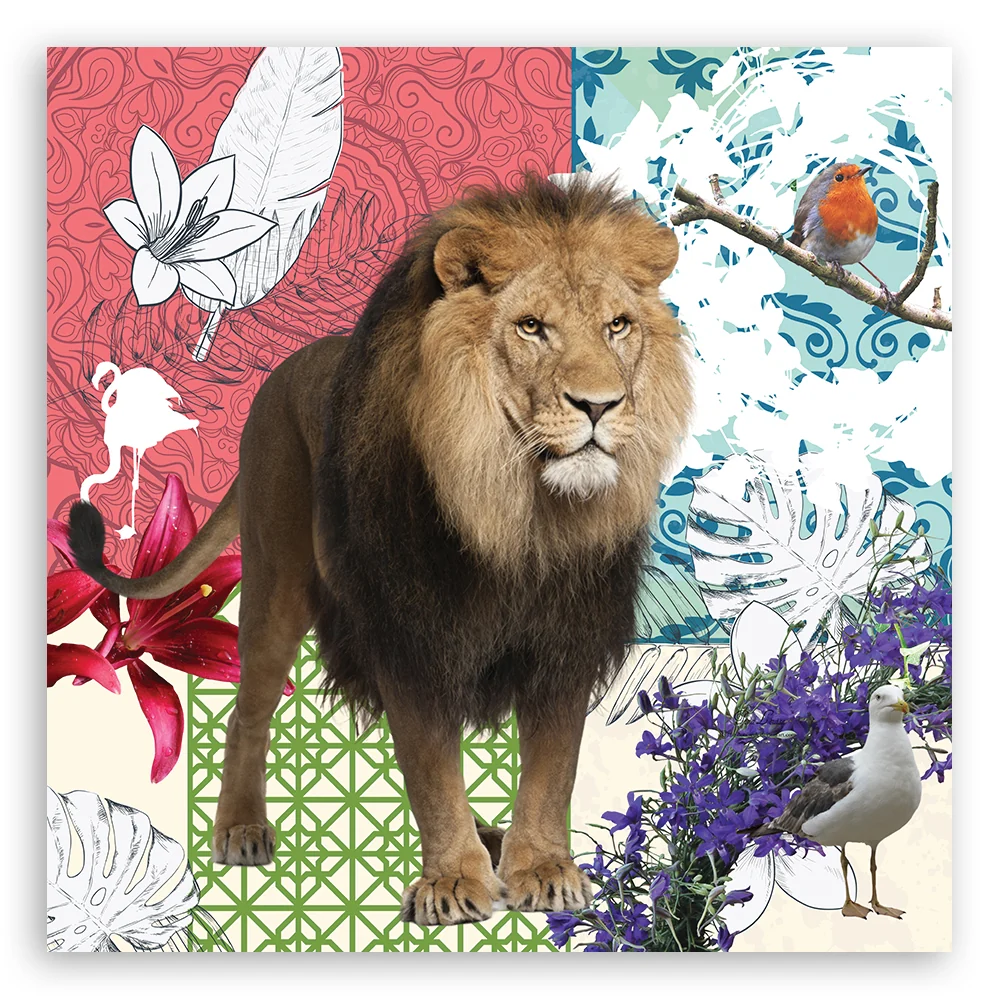Art-déco-Paneldruck, Collage mit Löwe und Vögeln 30x30 Feeby