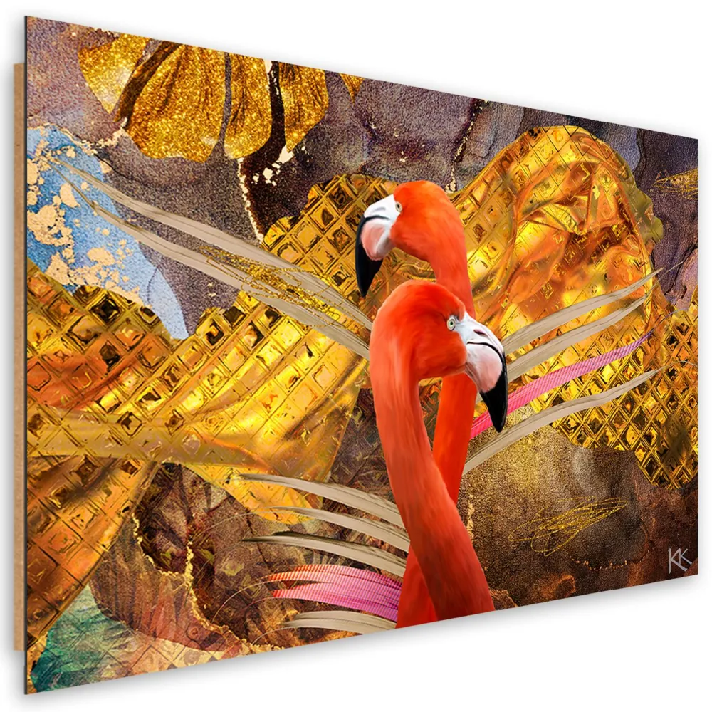 Art-déco-Paneldruck, Flamingos auf goldenem Hintergrund 60x40 Feeby