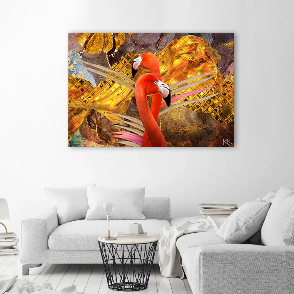 Art-déco-Paneldruck, Flamingos auf goldenem Hintergrund 60x40 Feeby