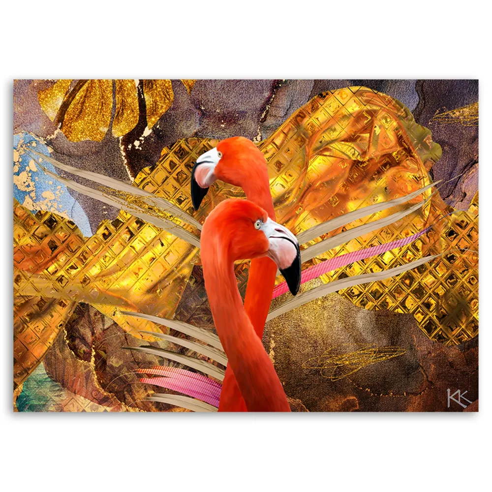 Art-déco-Paneldruck, Flamingos auf goldenem Hintergrund 60x40 Feeby