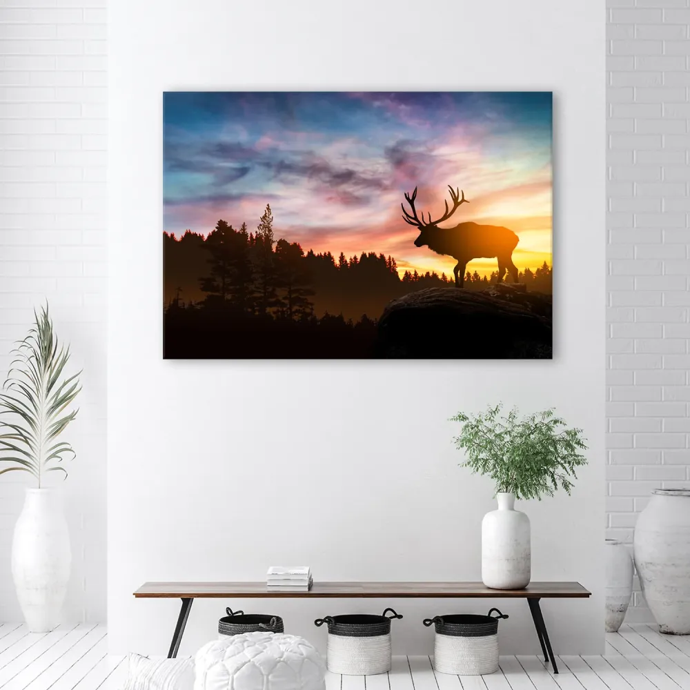 Art-déco-Paneldruck, Hirsch bei Sonnenuntergang 60x40 Feeby