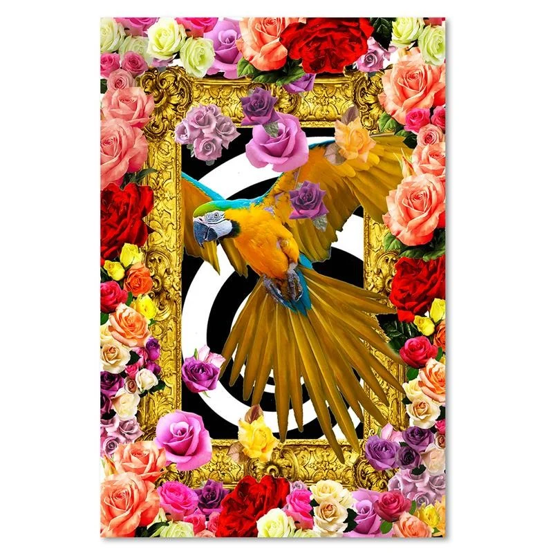 Art-déco-Paneldruck, Papagei und farbige Rosen 40x60 Feeby