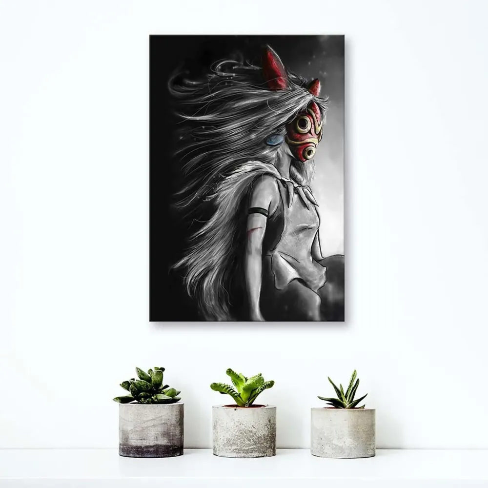 Art-déco-Paneldruck, Prinzessin Mononoke mit der roten Maske 70x100 Feeby