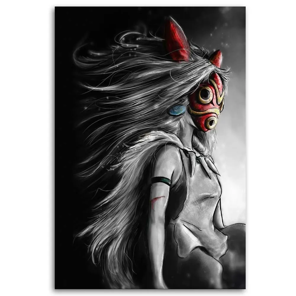 Art-déco-Paneldruck, Prinzessin Mononoke mit der roten Maske 70x100 Feeby