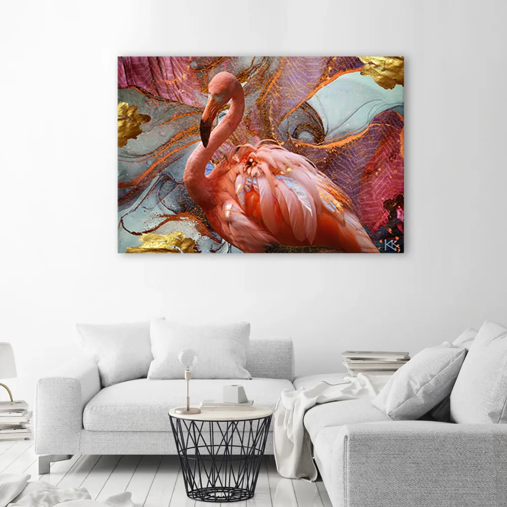 Art-déco-Paneldruck, rosa Flamingo auf abstraktem Hintergrund 60x40 Feeby