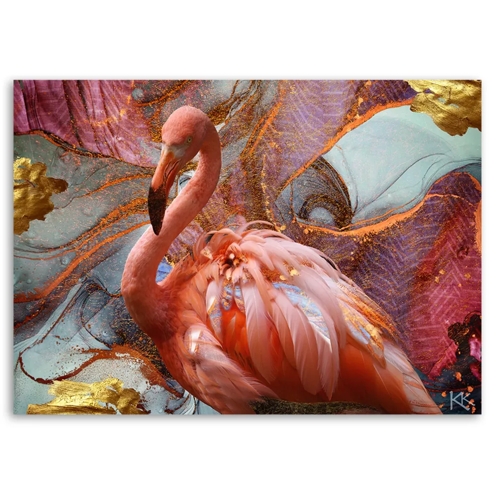 Art-déco-Paneldruck, rosa Flamingo auf abstraktem Hintergrund 60x40 Feeby