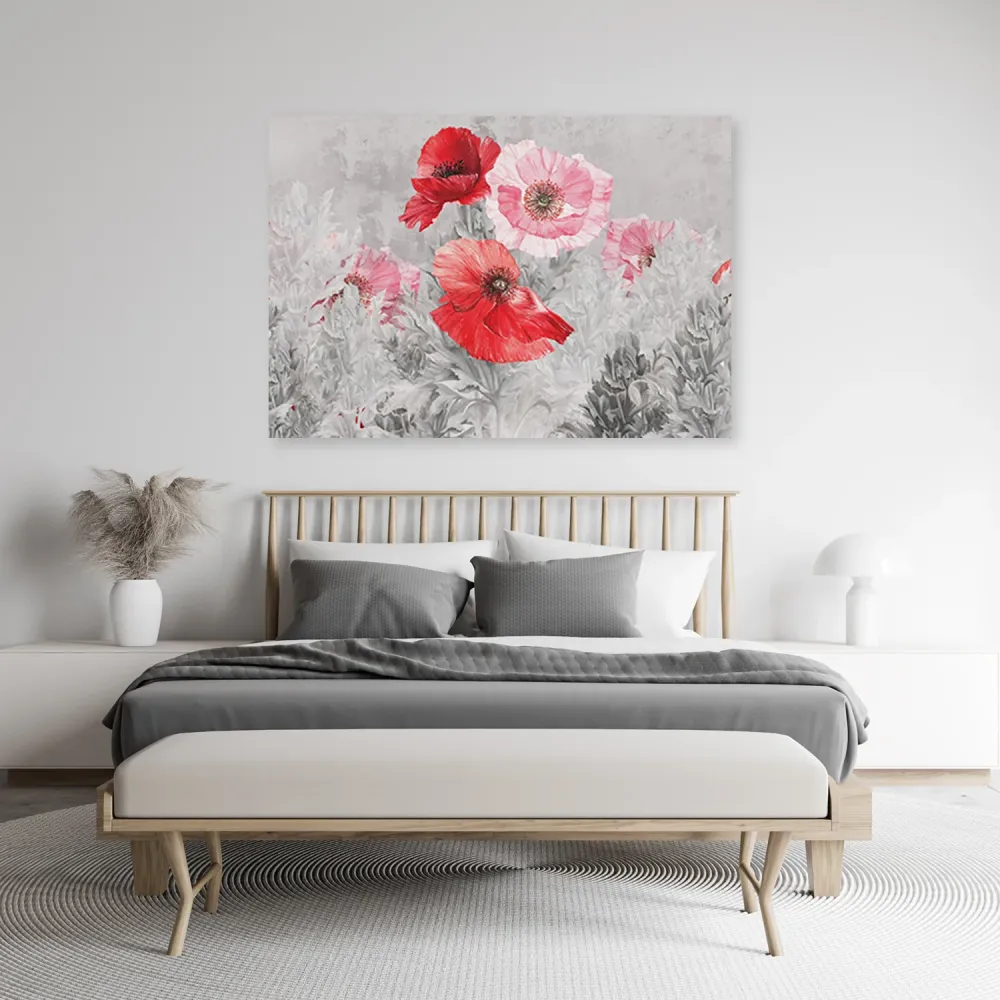 Art-déco-Paneldruck, rote Mohnblumen auf grauer Wiese 60x40 Feeby