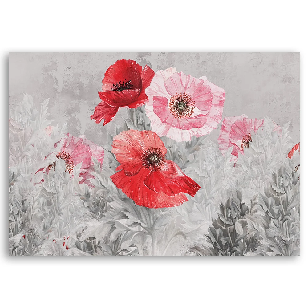 Art-déco-Paneldruck, rote Mohnblumen auf grauer Wiese 60x40 Feeby