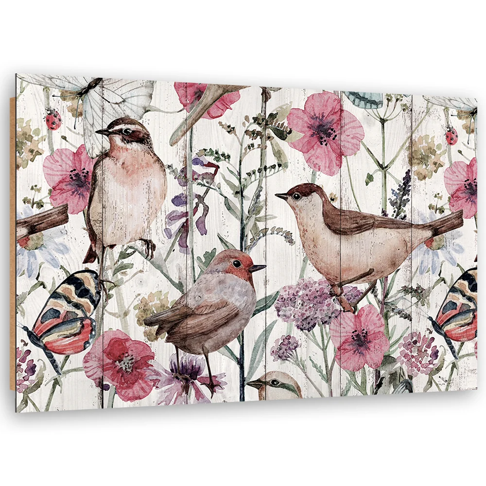 Art-déco-Paneldruck, Vögel und Schmetterlinge auf einer Wiese 60x40 Feeby