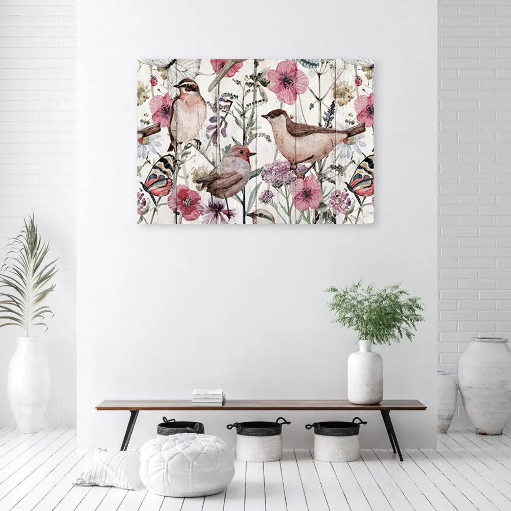Art-déco-Paneldruck, Vögel und Schmetterlinge auf einer Wiese 60x40 Feeby
