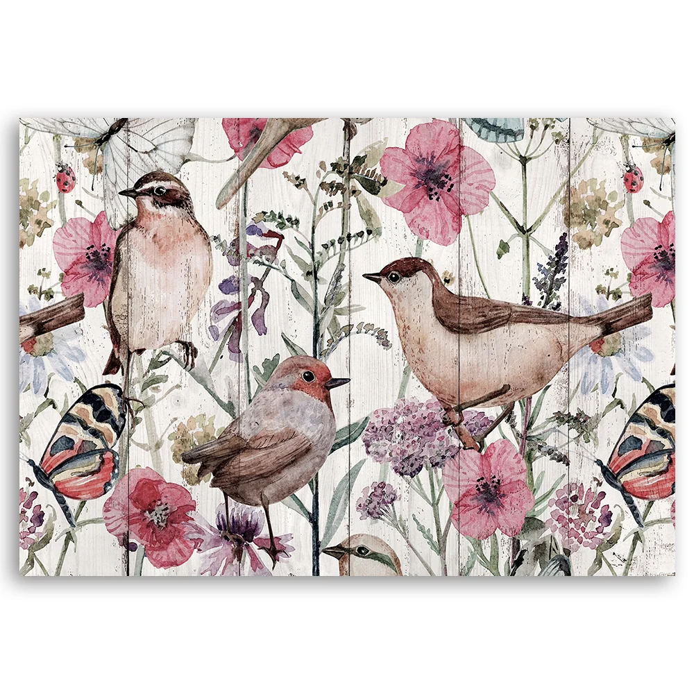 Art-déco-Paneldruck, Vögel und Schmetterlinge auf einer Wiese 60x40 Feeby