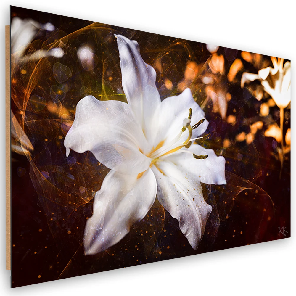 Art-déco-Paneldruck, weiße Lilie auf braunem Hintergrund 60x40 Feeby