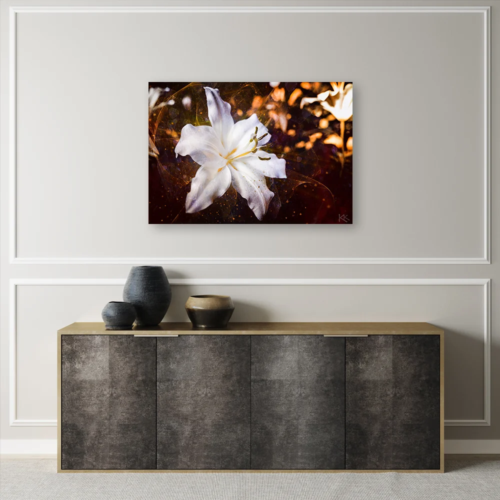 Art-déco-Paneldruck, weiße Lilie auf braunem Hintergrund 60x40 Feeby