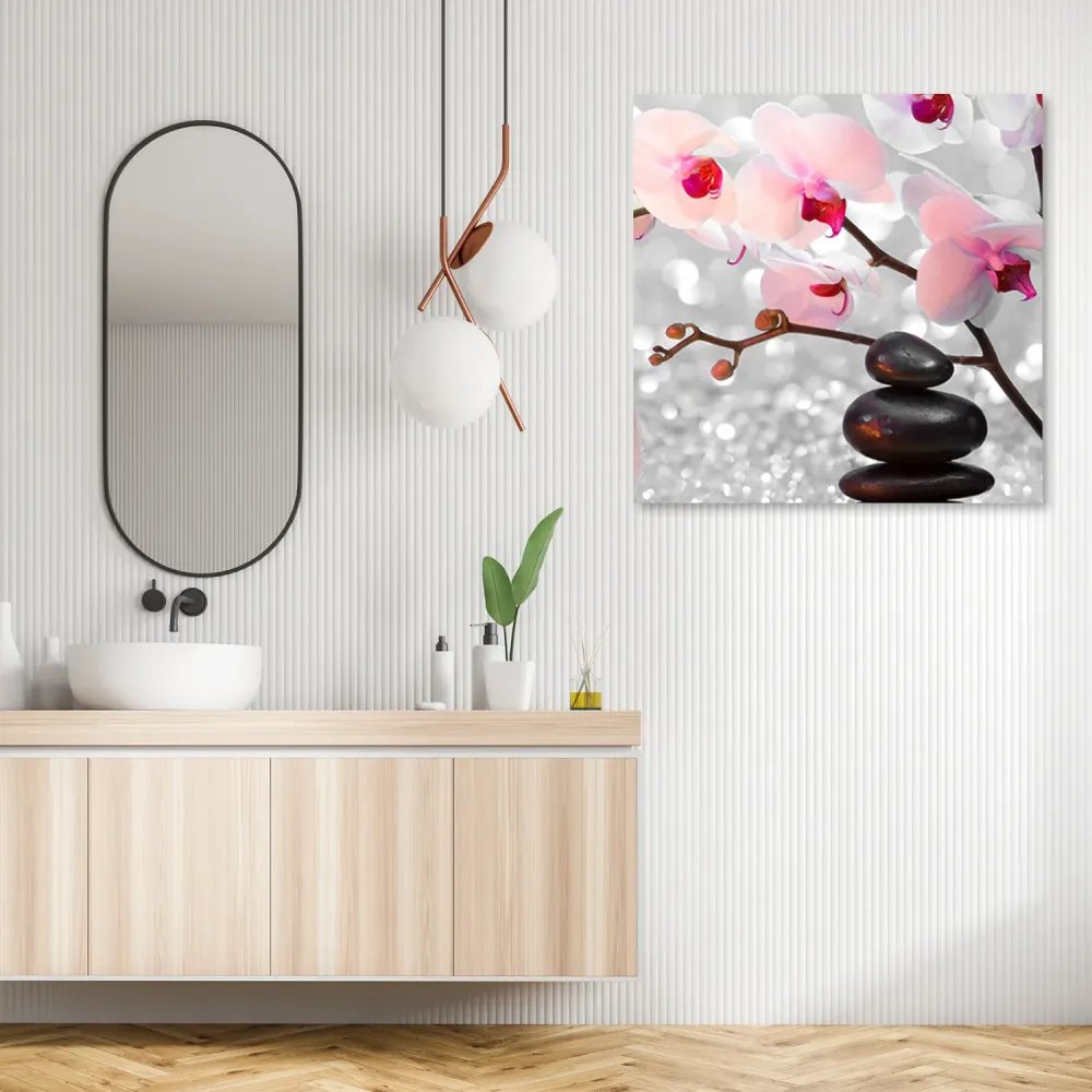 Art-déco-Paneldruck, Zen-Steine und Orchideenzweig 30x30 Feeby