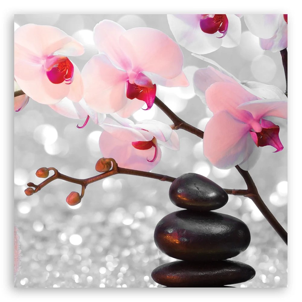 Art-déco-Paneldruck, Zen-Steine und Orchideenzweig 30x30 Feeby