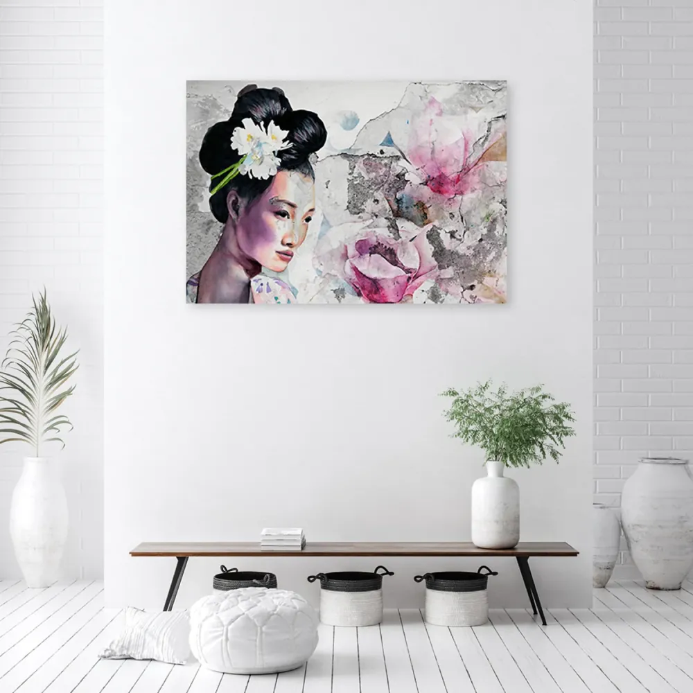 Art-déco-Tafeldruck, Geisha-Porträt einer alten Wand 60x40 Feeby