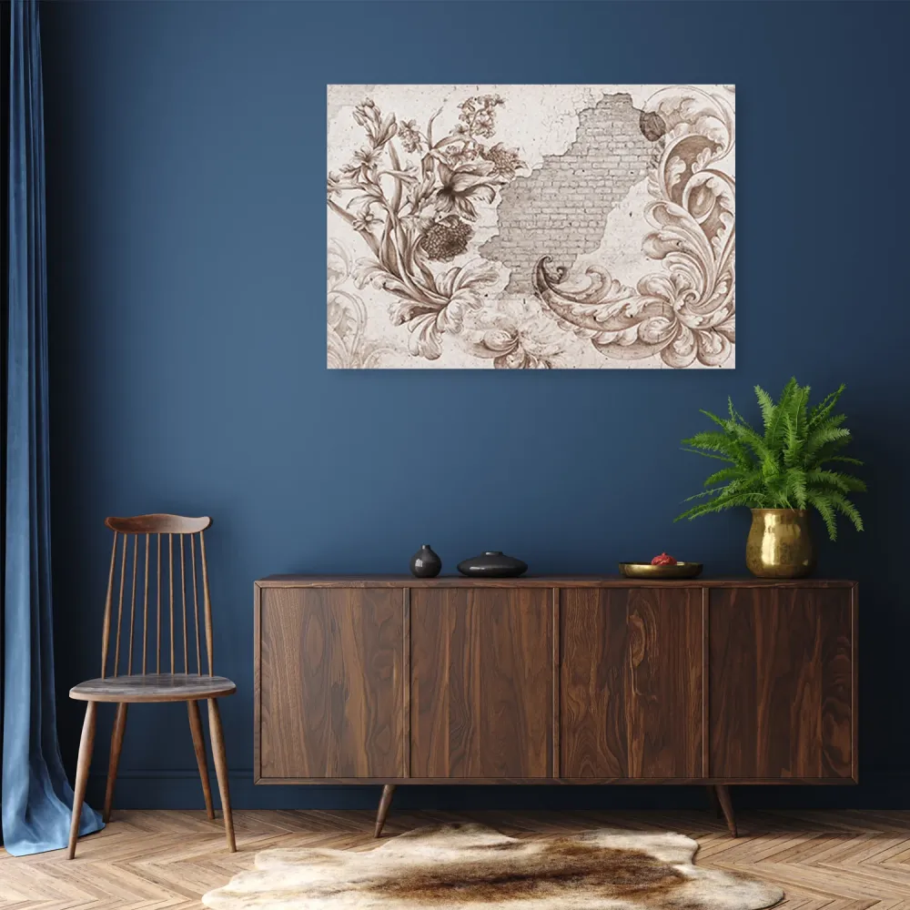 Art-déco-Tafeldruck, Pflanzenfresko auf verwittertem Putz 60x40 Feeby