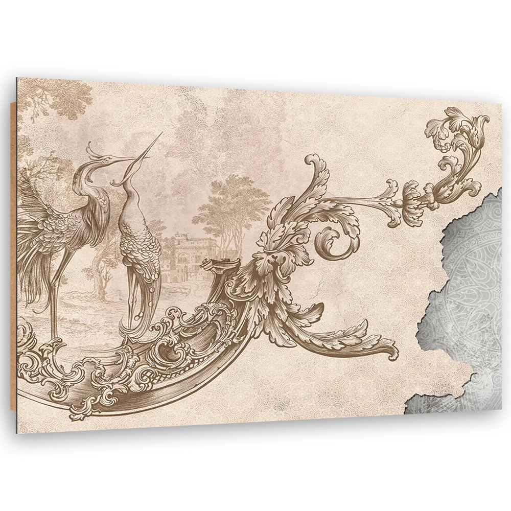 Art-déco-Tafeldruck, Wildvögel und Blätter auf orientalischem Fresko 60x40 Feeby