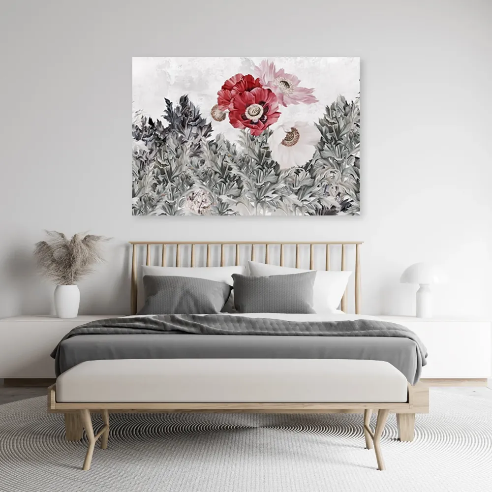 Art-déco-Wandbild, gemalte rote Mohnblumen im Garten 60x40 Feeby