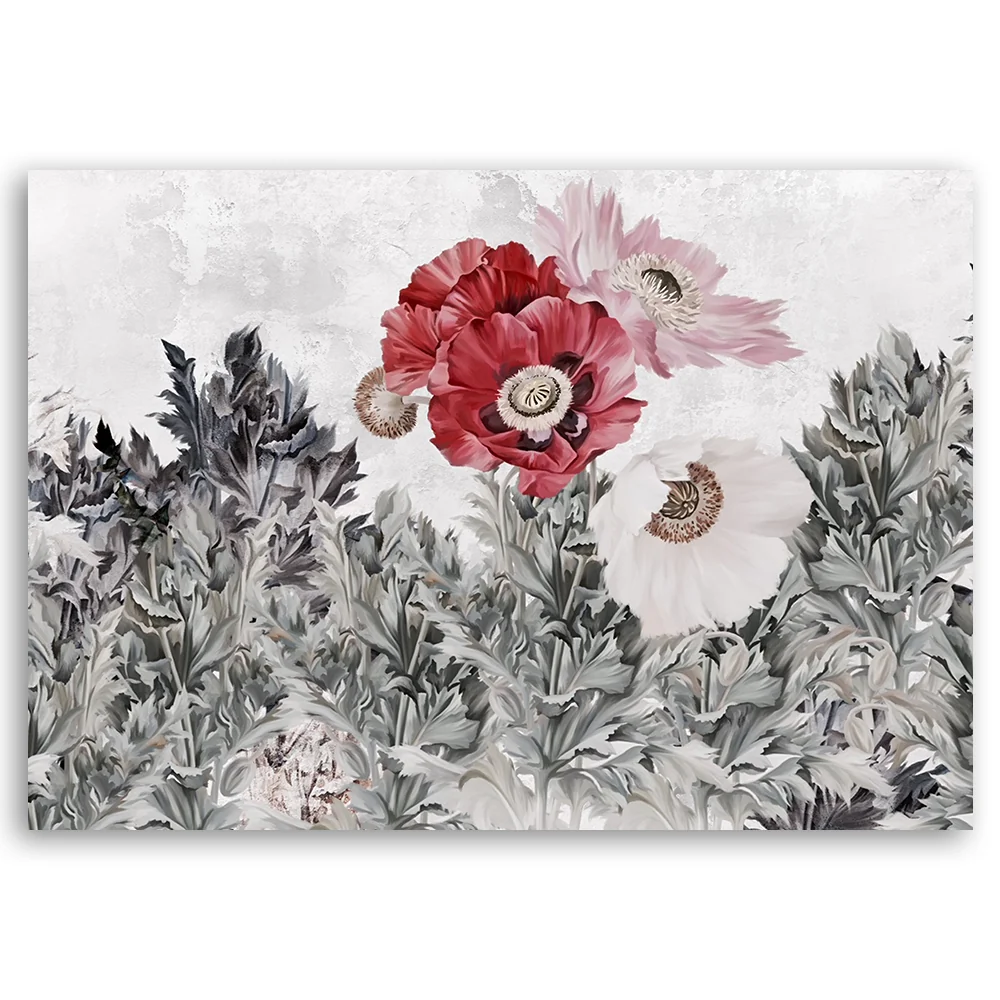 Art-déco-Wandbild, gemalte rote Mohnblumen im Garten 60x40 Feeby