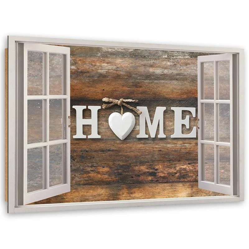 Art-déco-Wandbild, Inschrift „Home“ auf dunklem Holz einem Fenster 100x70 Feeby