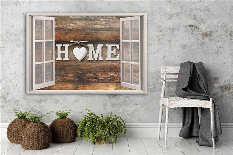 Art-déco-Wandbild, Inschrift „Home“ auf dunklem Holz einem Fenster 100x70 Feeby