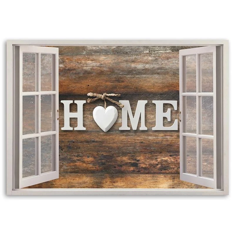 Art-déco-Wandbild, Inschrift „Home“ auf dunklem Holz einem Fenster 100x70 Feeby