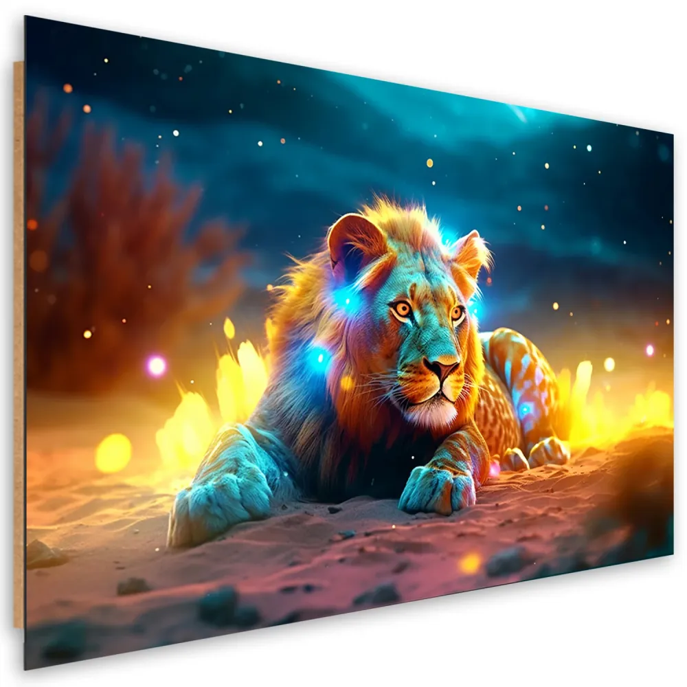 Dekorativer Paneeldruck, abstrakte Naturdarstellung eines Neonlöwen 60x40 Feeby