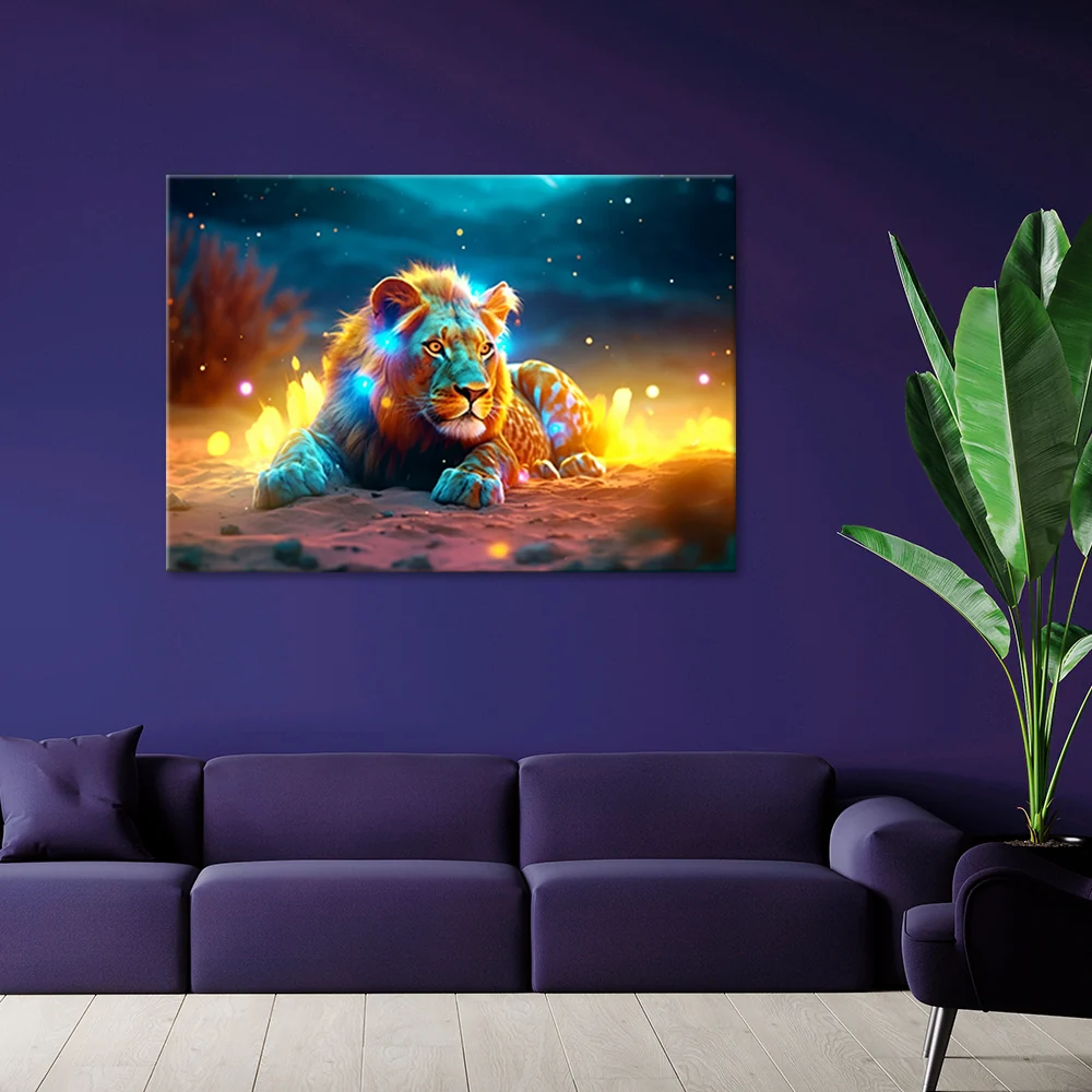 Dekorativer Paneeldruck, abstrakte Naturdarstellung eines Neonlöwen 60x40 Feeby